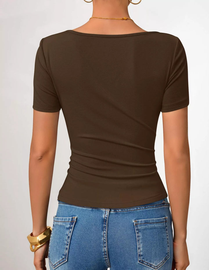 Asymmetrical neckline fitted tee with side ruching