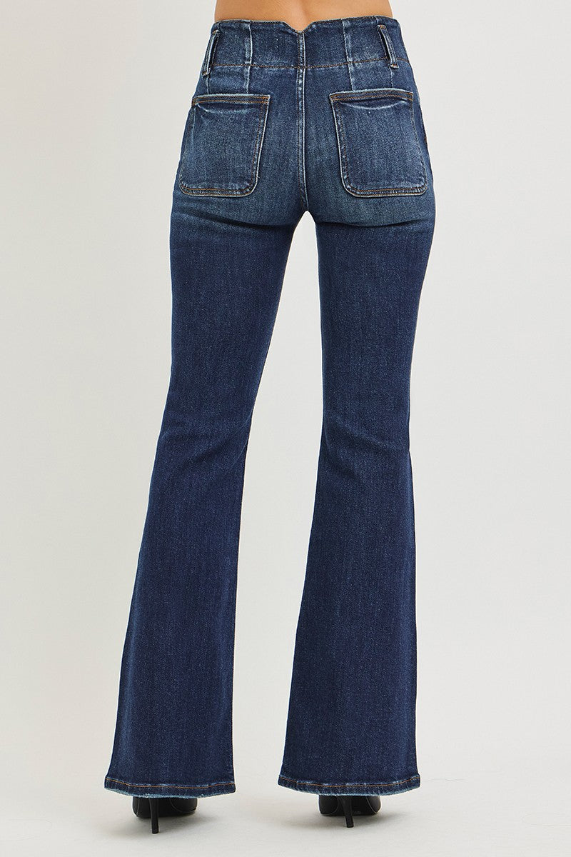 High-rise flare jeans with seam-detail waistband