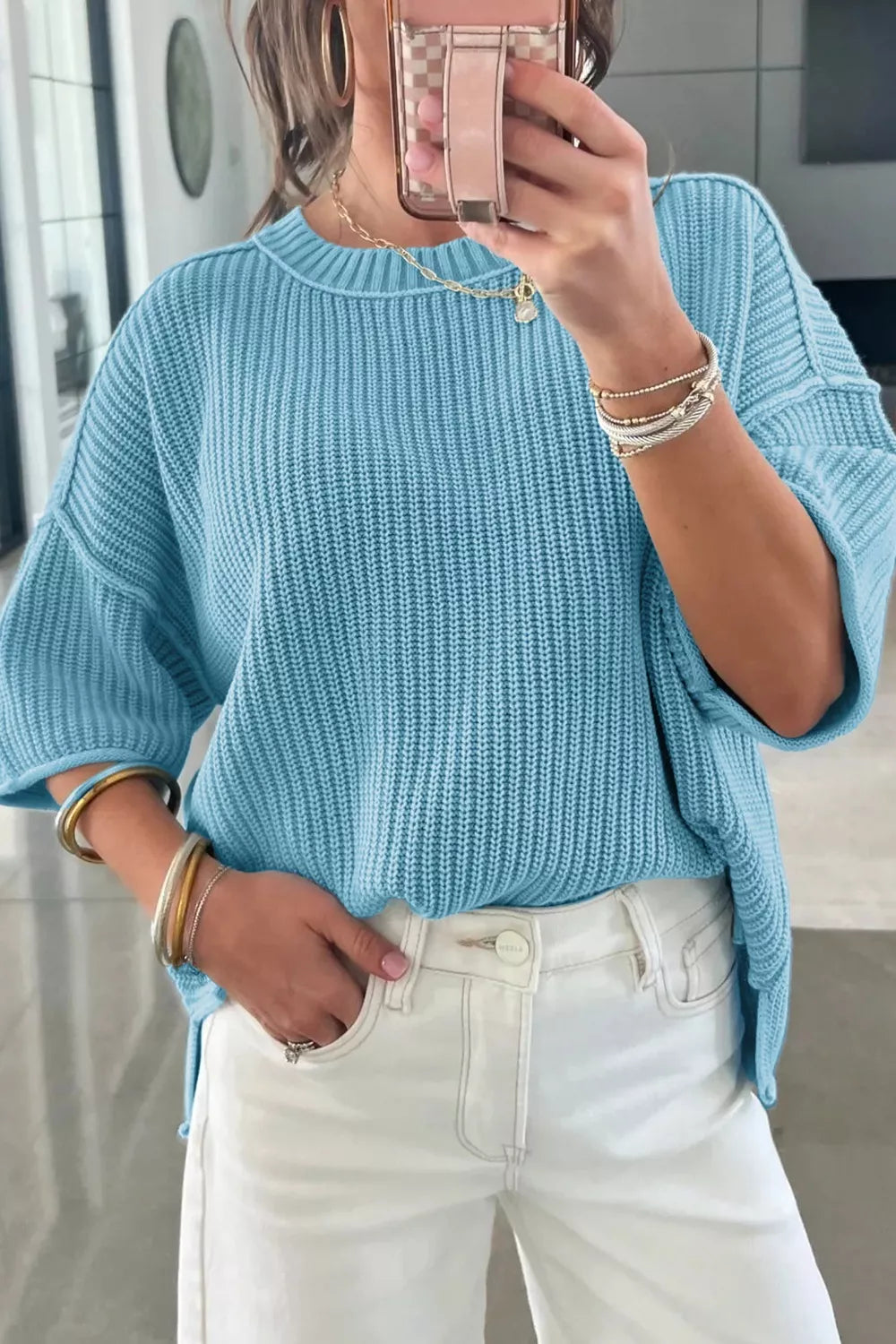 Pastel  Blue Boxy ribbed knit half-sleeve crew neck sweater
