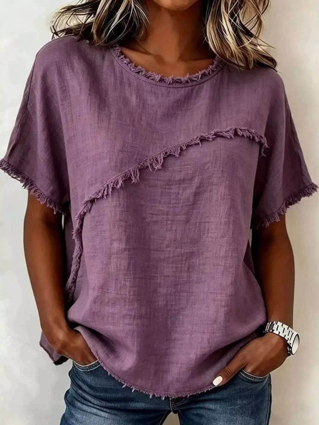 Purple Frayed trim crew neck relaxed short sleeve top