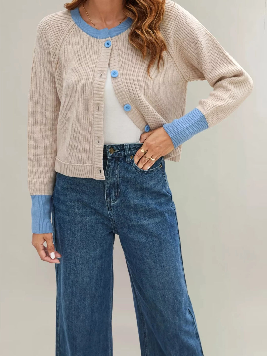 Apricot Ribbed knit cardigan with contrast trim and button front