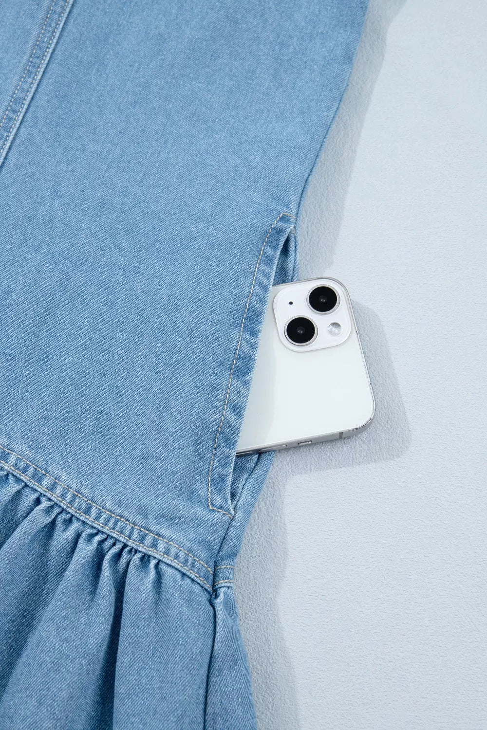 Button-down puff sleeve denim mini dress with ruffle hem