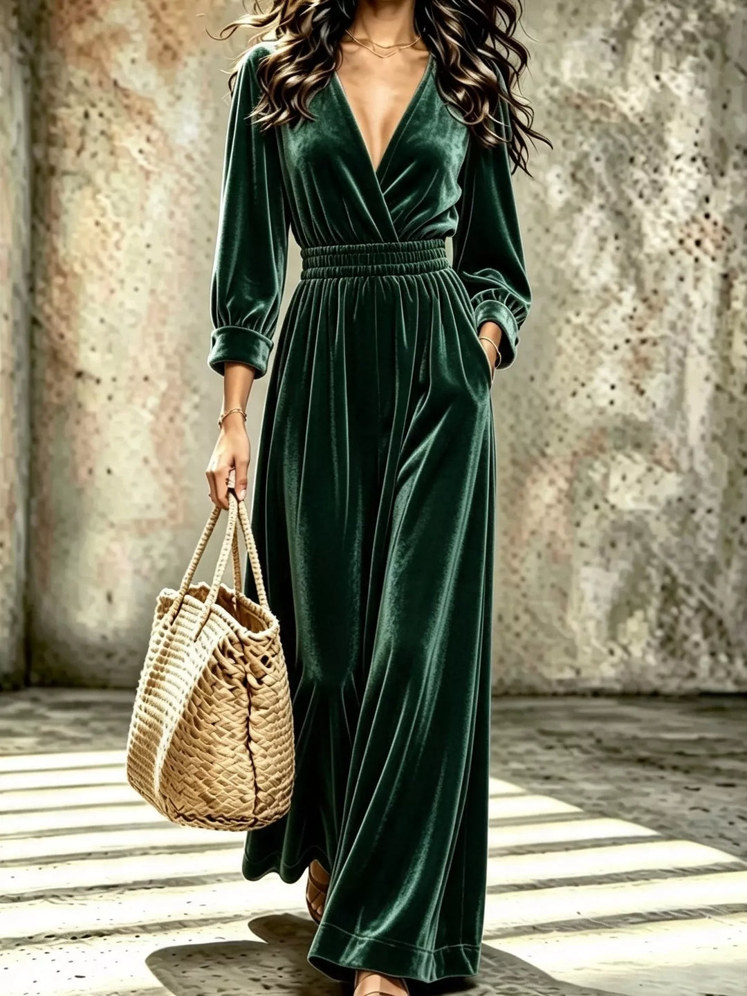 Dark Green Velvet surplice wide leg jumpsuit with smocked waist