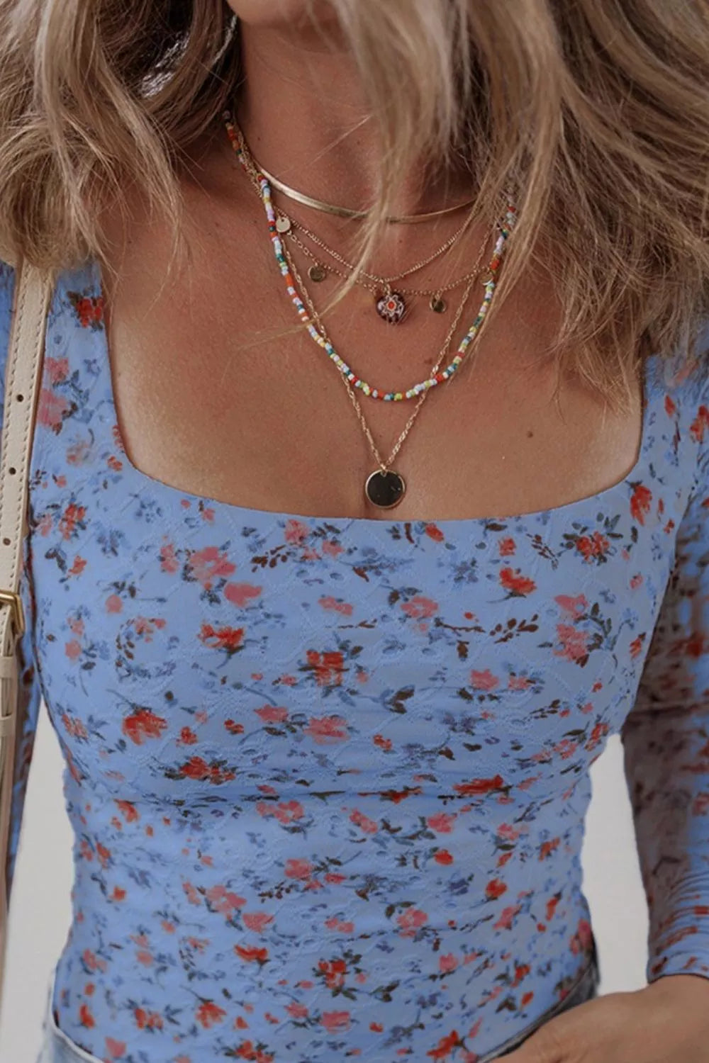 Ditsy floral square neck long sleeve fitted top