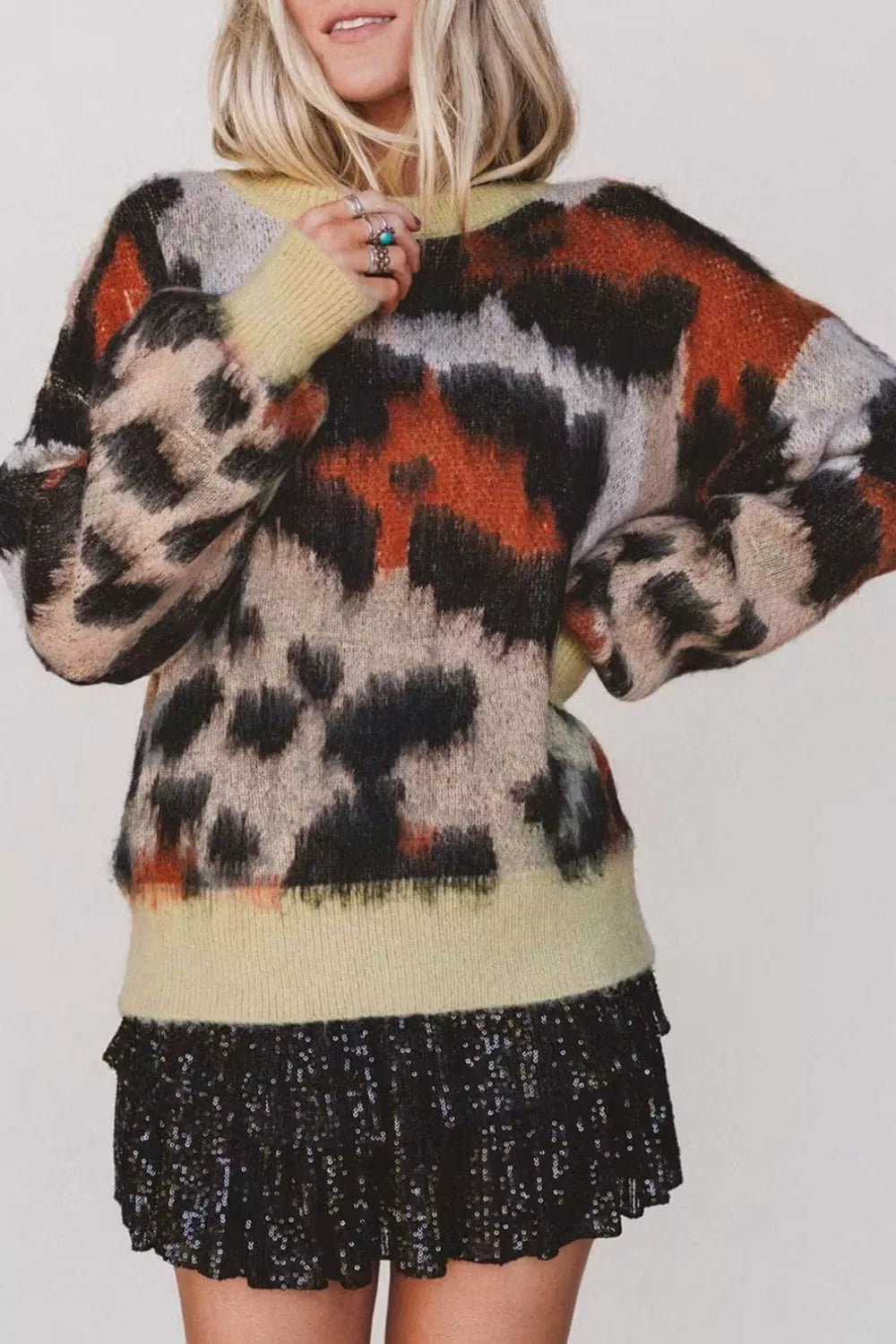 Fuzzy leopard print drop shoulder crew neck sweater