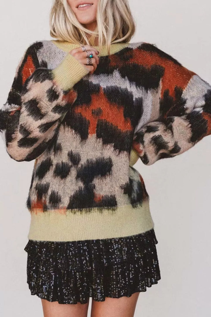 Fuzzy leopard print drop shoulder crew neck sweater