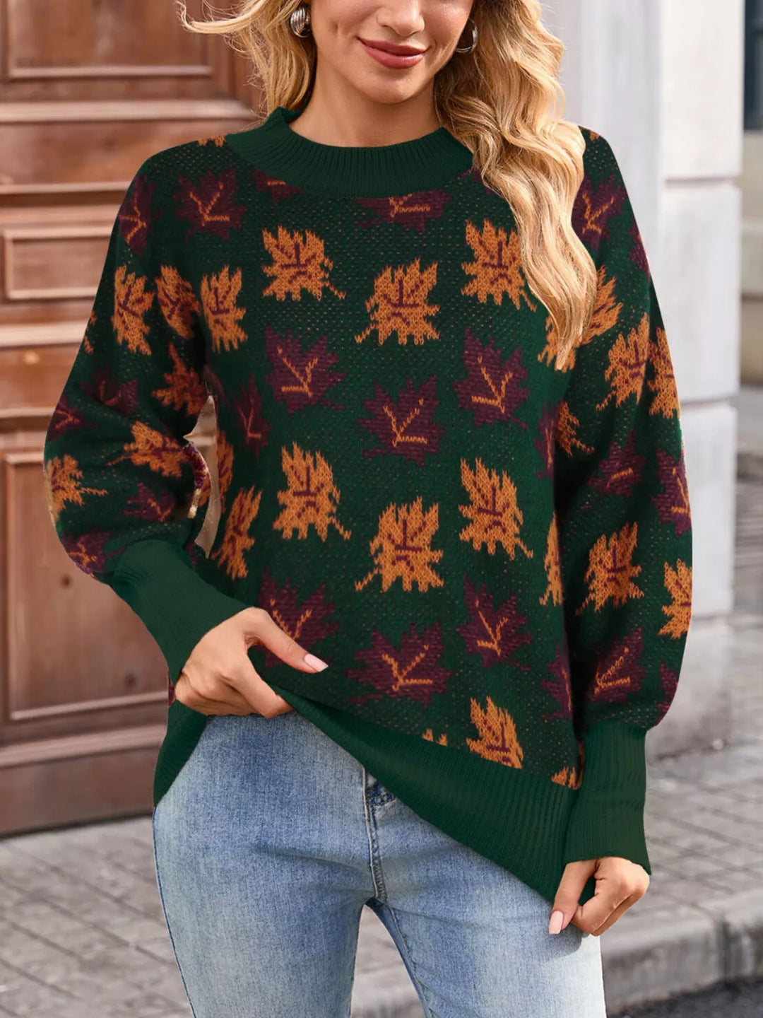 Green Maple leaf jacquard knit mock neck sweater