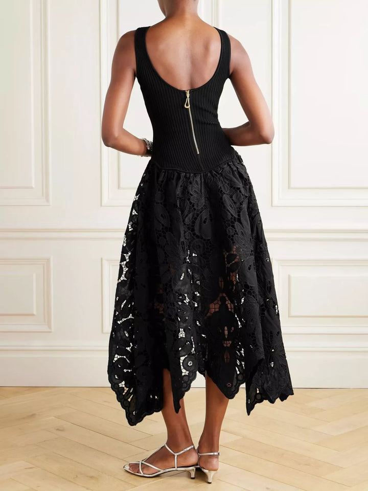 Sleeveless ribbed knit and crochet handkerchief-hem midi dress