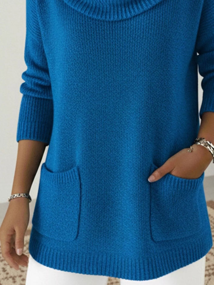Cowl neck long sleeve knit sweater with front pockets