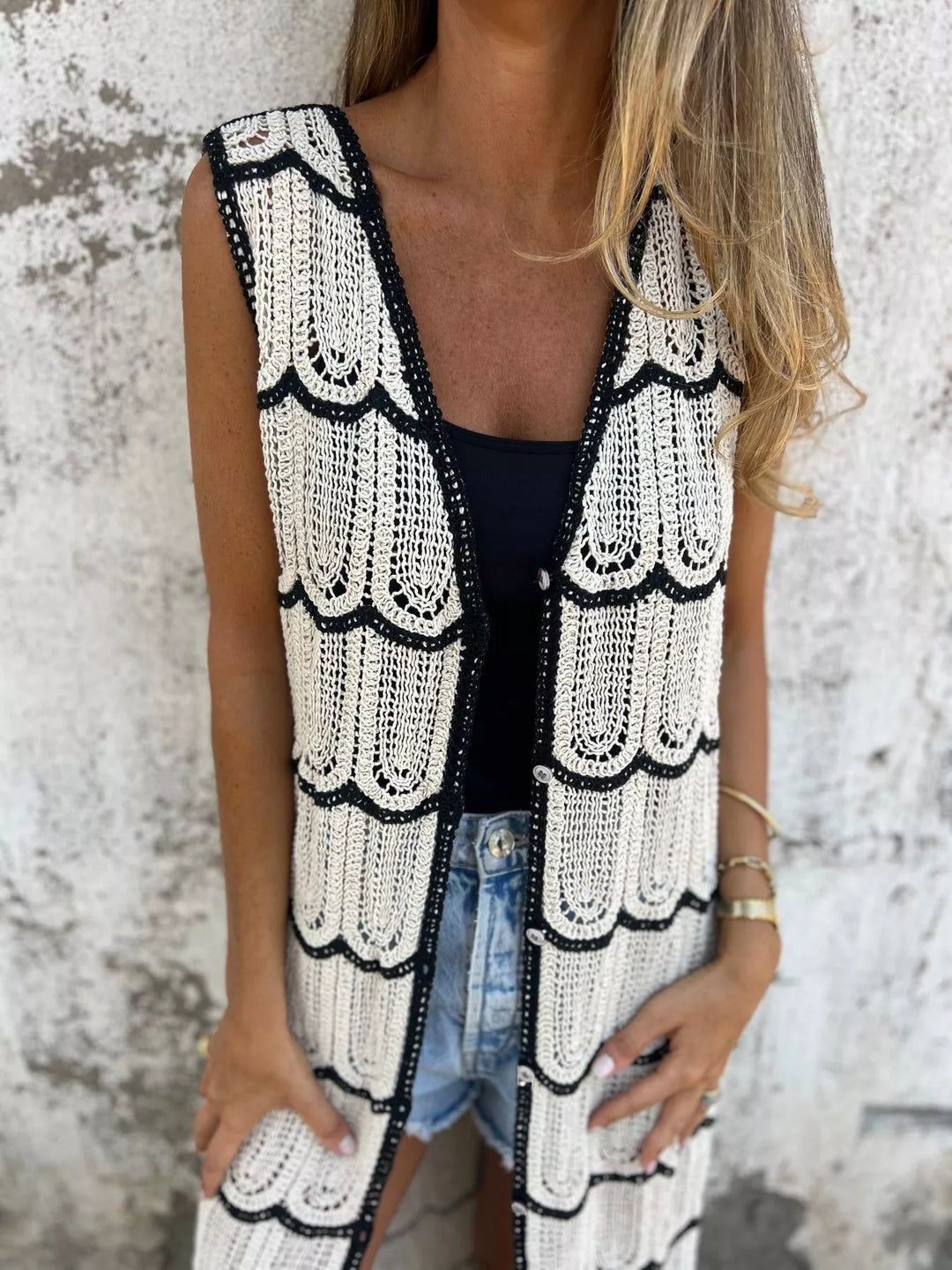 Sleeveless scalloped crochet longline cardigan