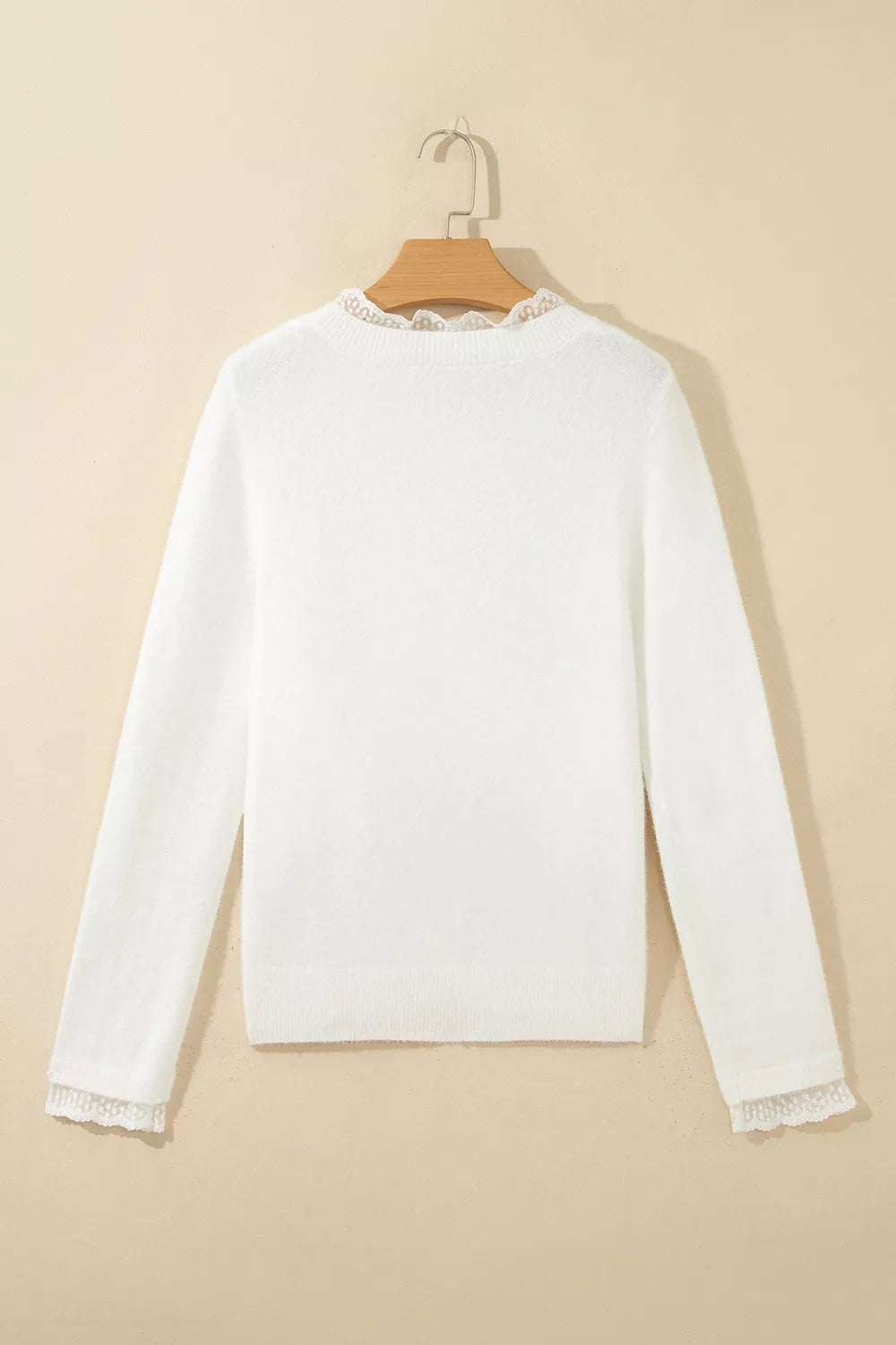 Lace trim fuzzy knit crew neck pullover sweater