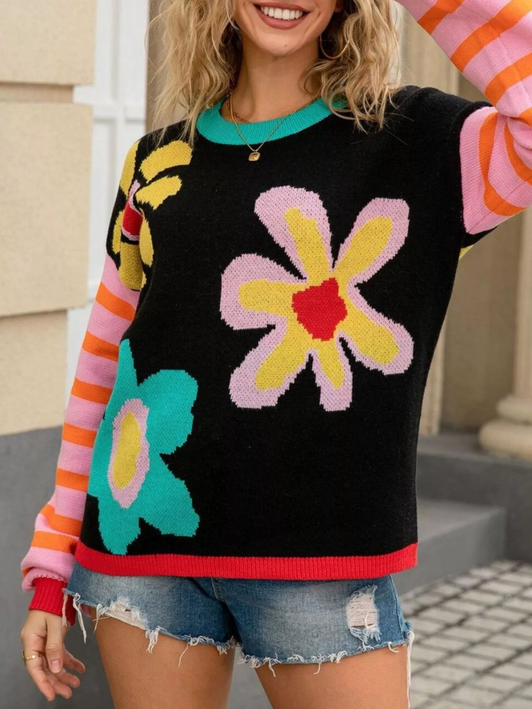 Mod floral crew neck sweater with striped sleeves