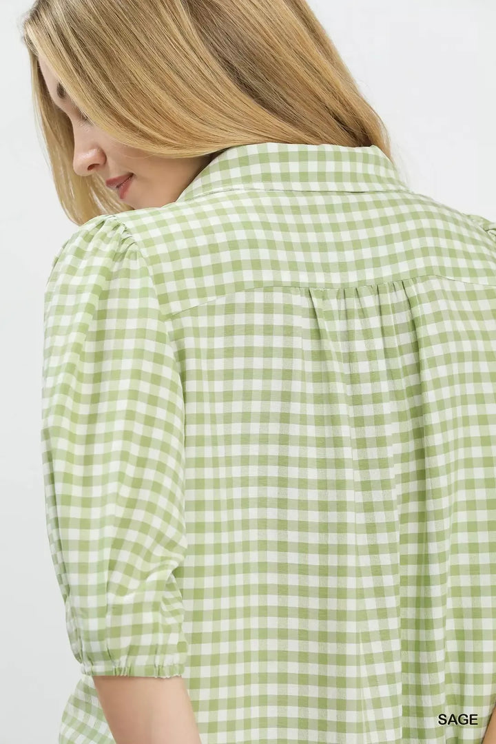 Gingham puff sleeve collared blouse with split V-neck