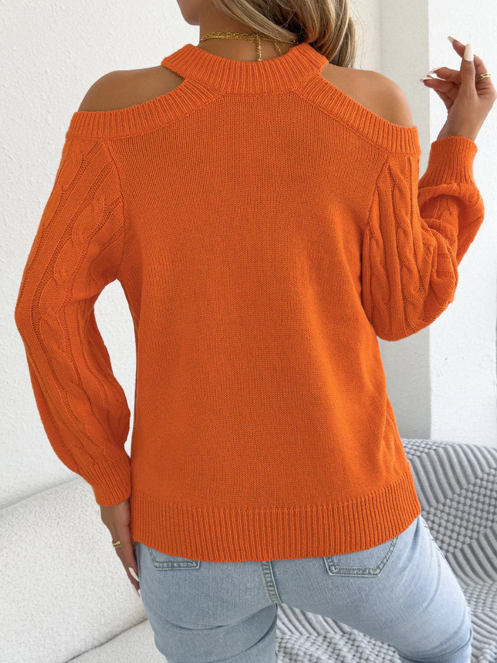 Cold shoulder cable knit mock neck sweater