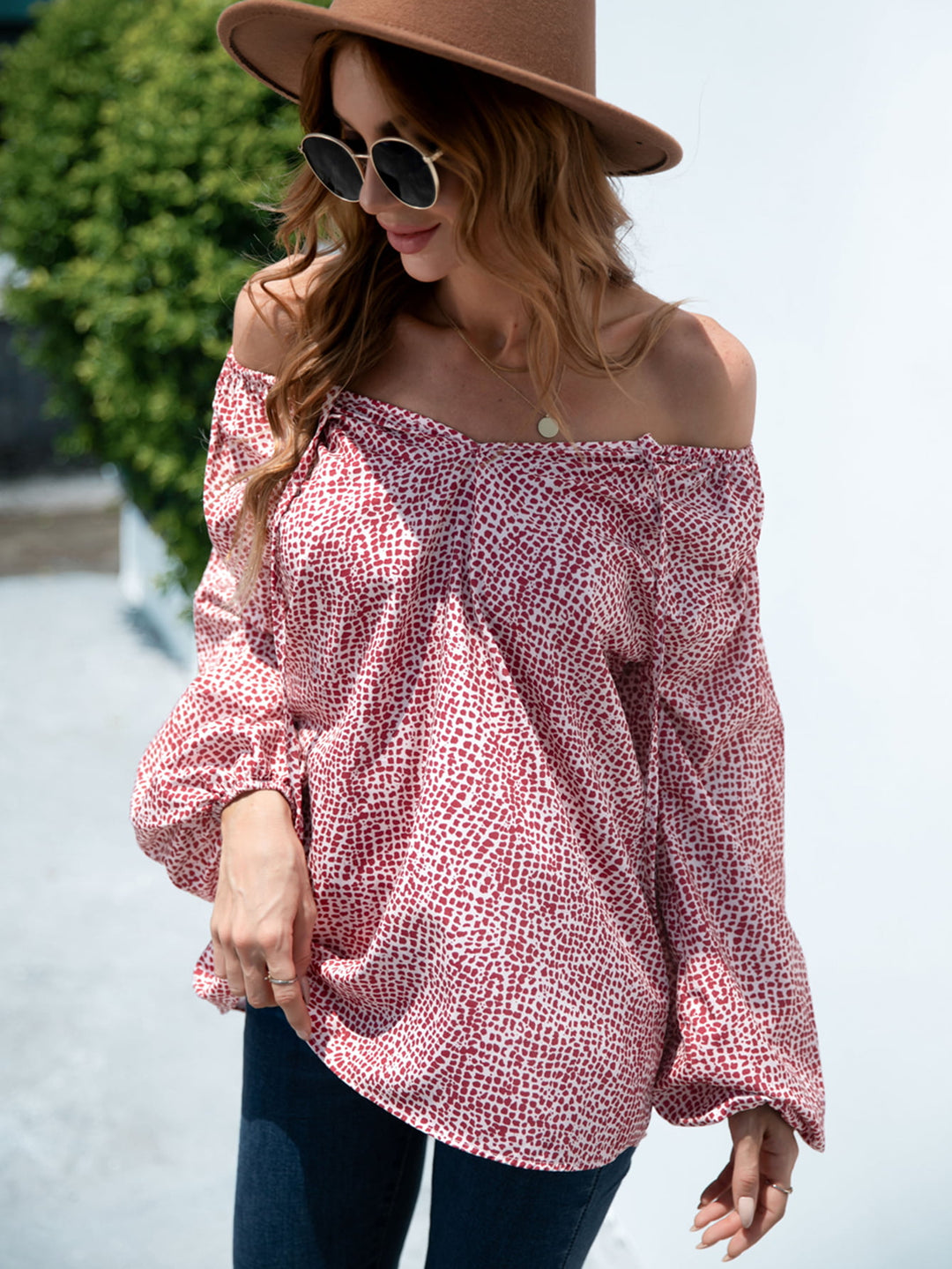 Deep Red Speckled dot print off-shoulder balloon sleeve blouse