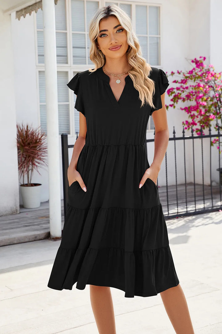 Black Flutter sleeve tiered midi dress with notched V-neck