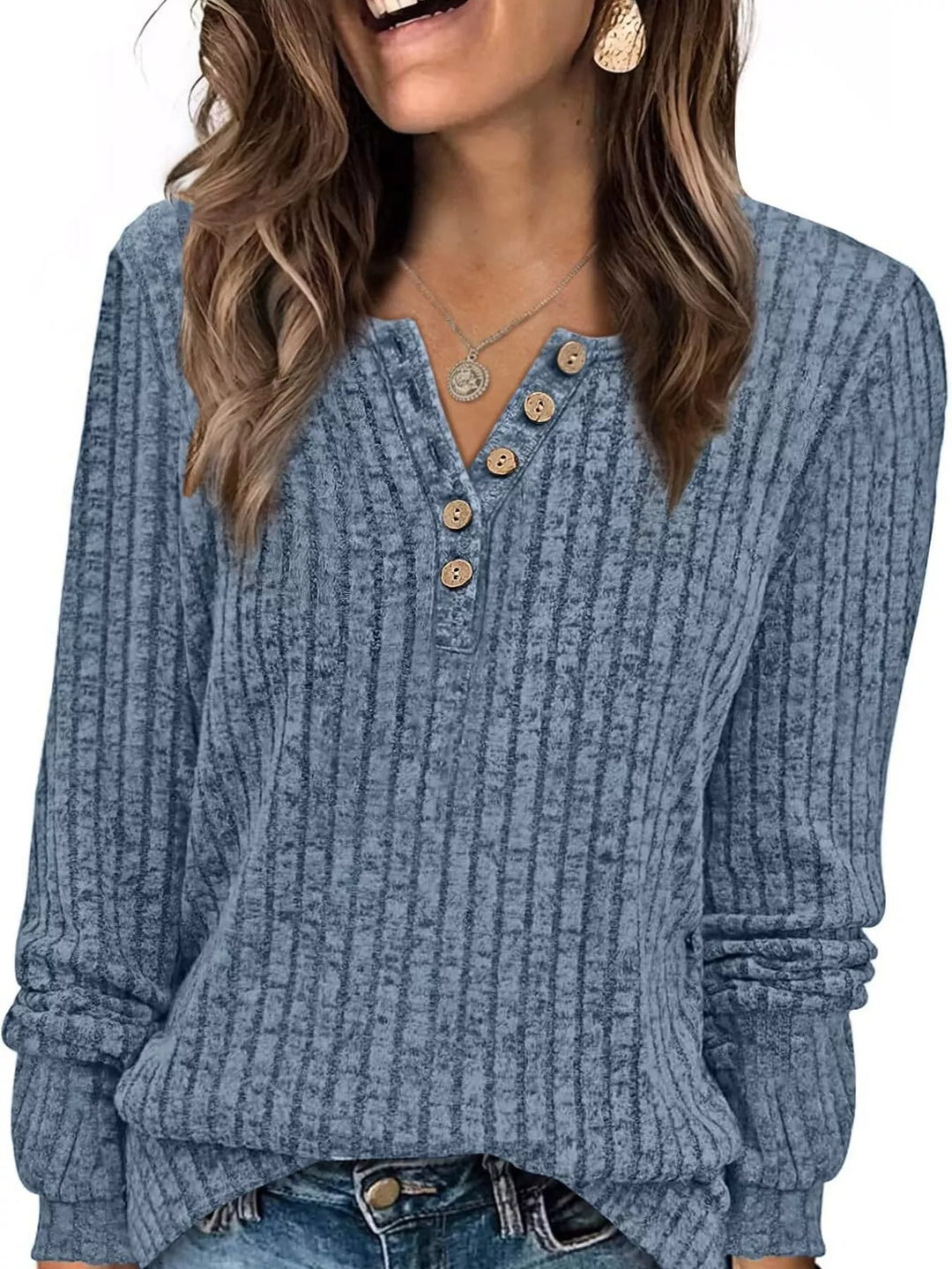 Ribbed knit button henley long sleeve top