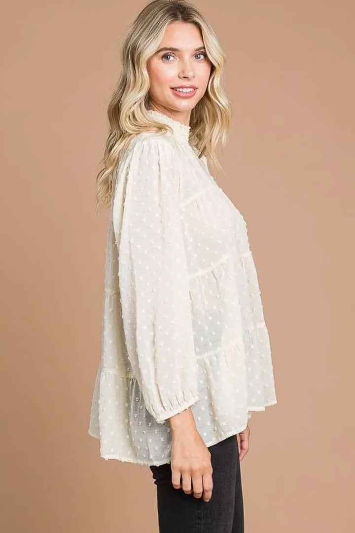 Swiss dot tiered blouse with smocked mock neck