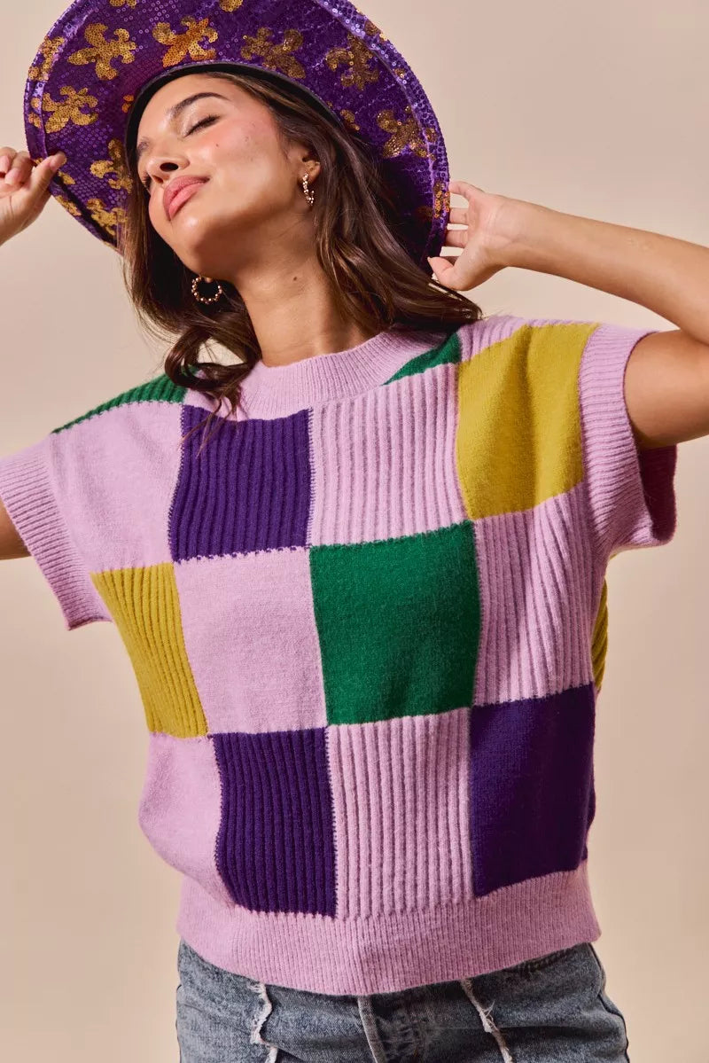 Checkerboard color-block short sleeve sweater top