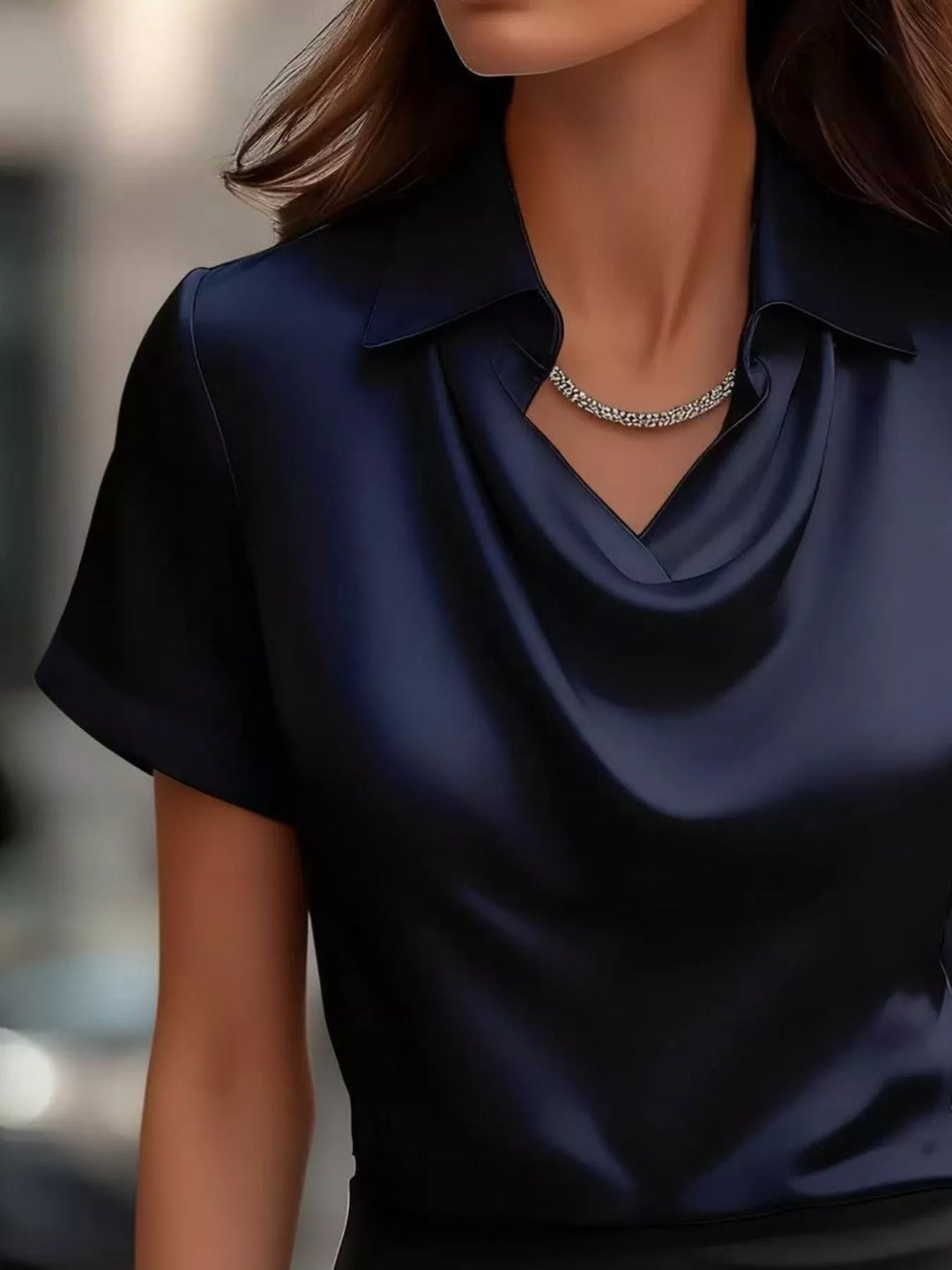 Cowl neck satin blouse with collar and cuffed short sleeves
