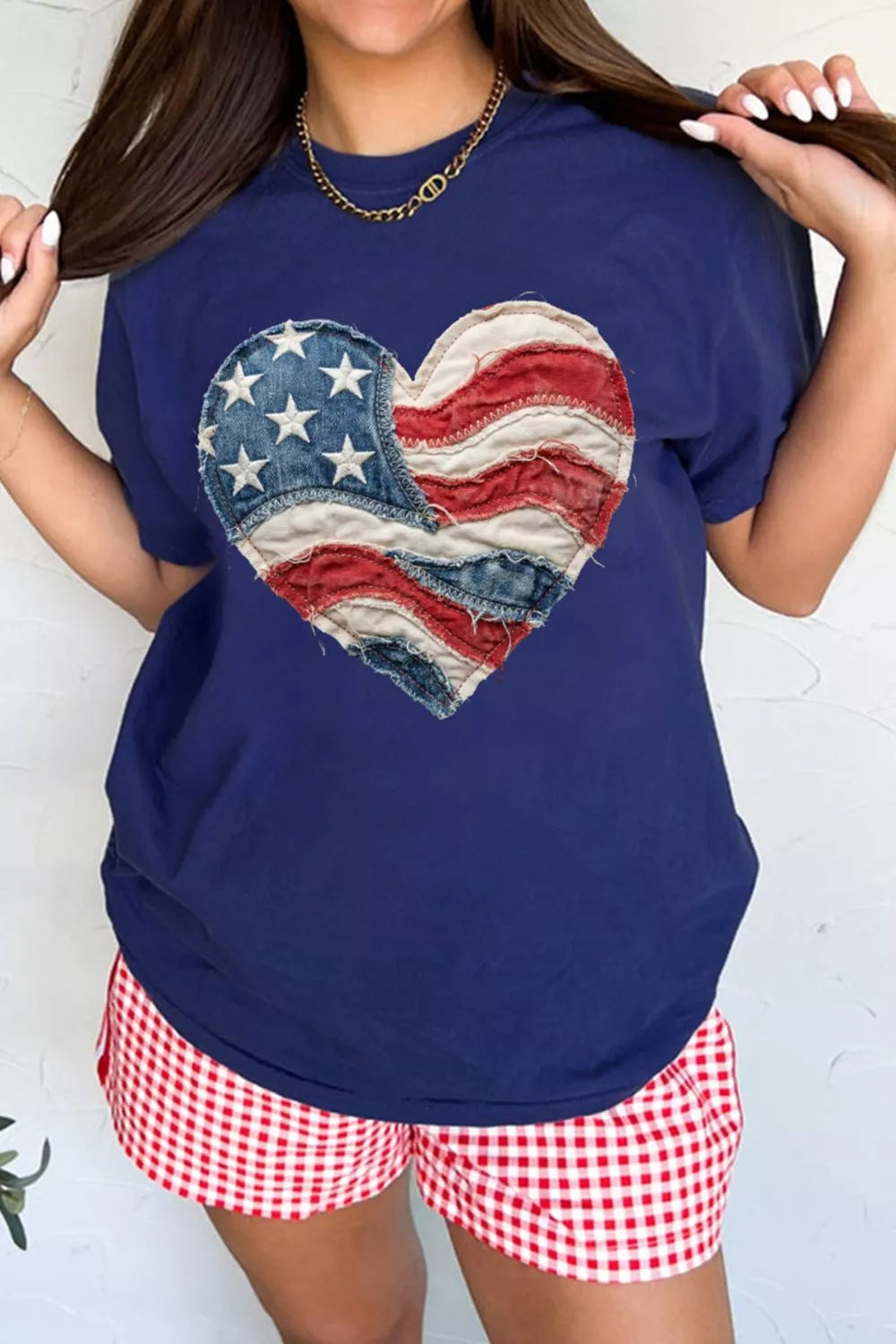 Distressed patchwork flag heart graphic tee