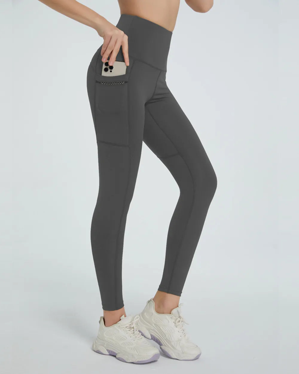 Dark Gray High-waist active leggings with side phone pockets