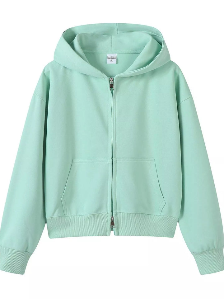 Light Green Zip-up hoodie with front pockets and ribbed cuffs