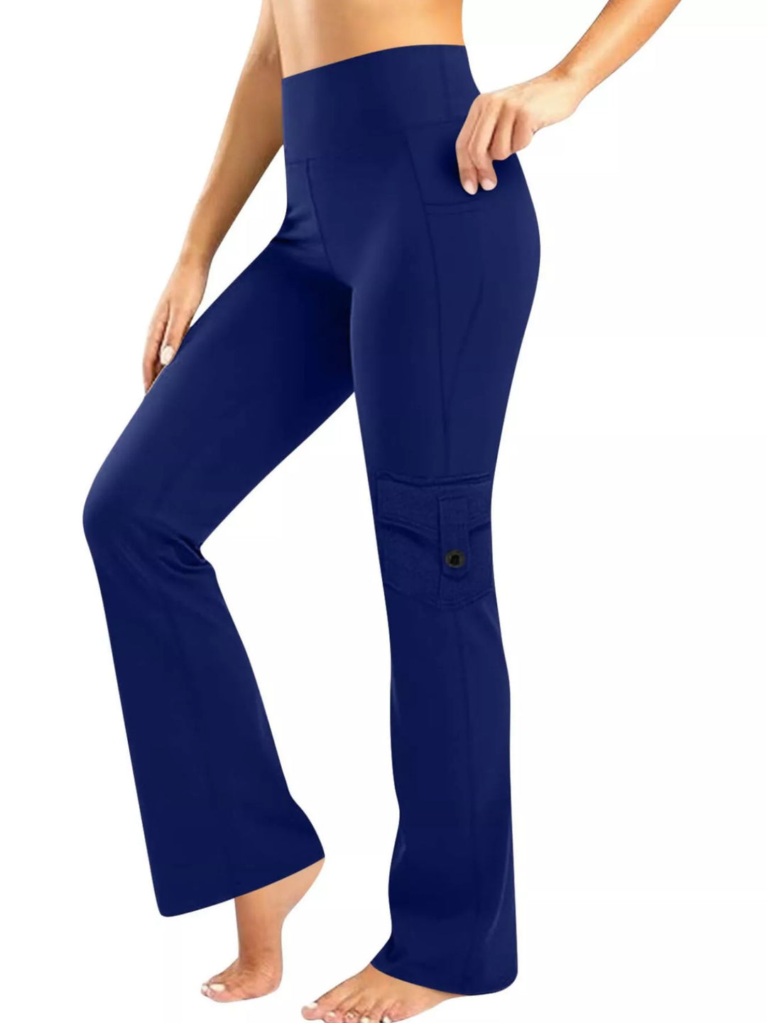 Blue High-rise flare yoga pants with cargo pockets