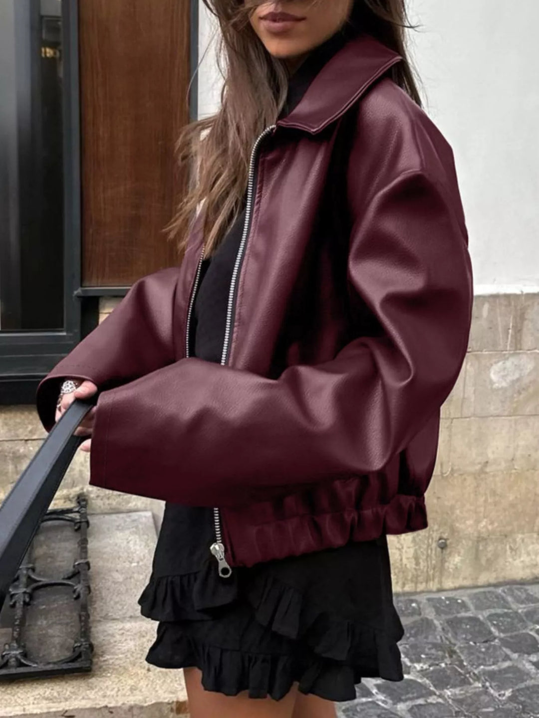 Oversized faux leather zip-up bomber jacket