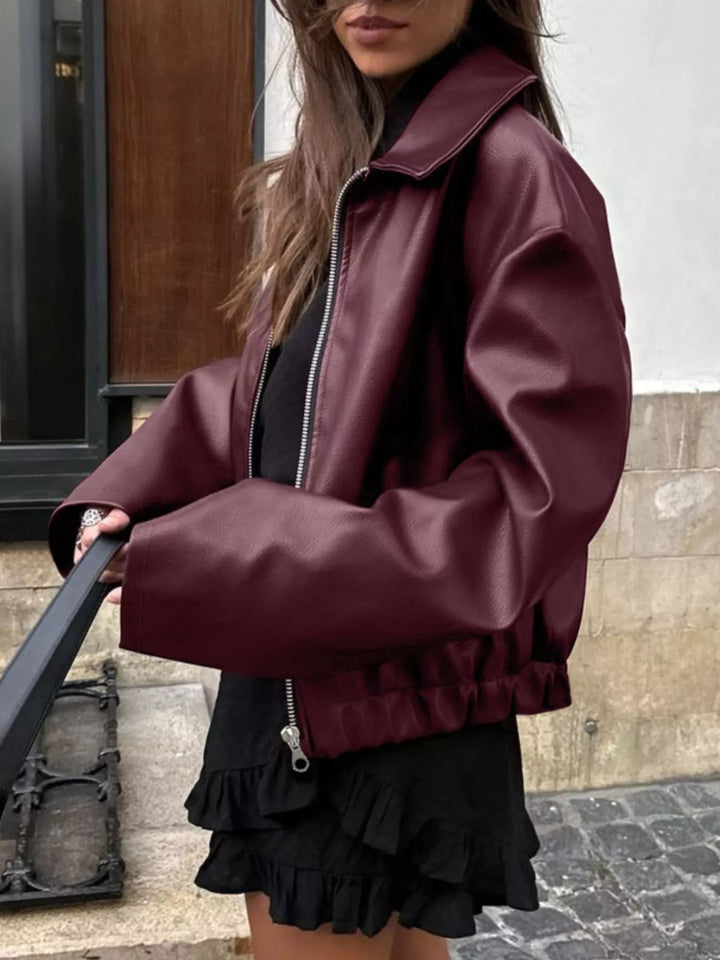 Oversized faux leather zip-up bomber jacket