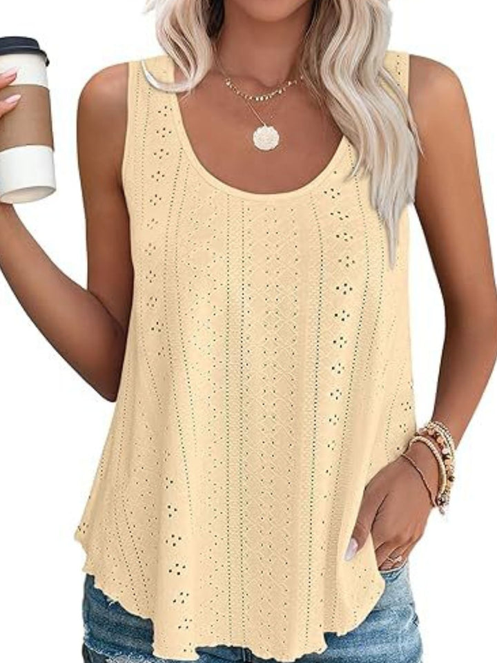 Pastel Yellow Eyelet knit scoop neck flowy swing tank top