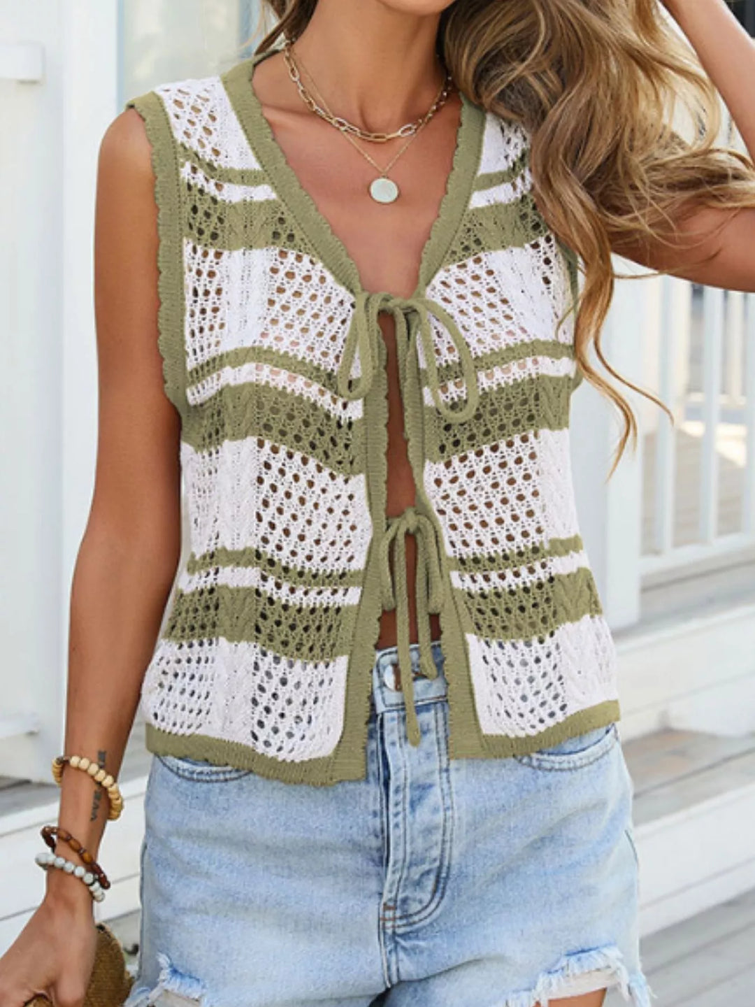 Striped open-knit tie-front sleeveless cardigan