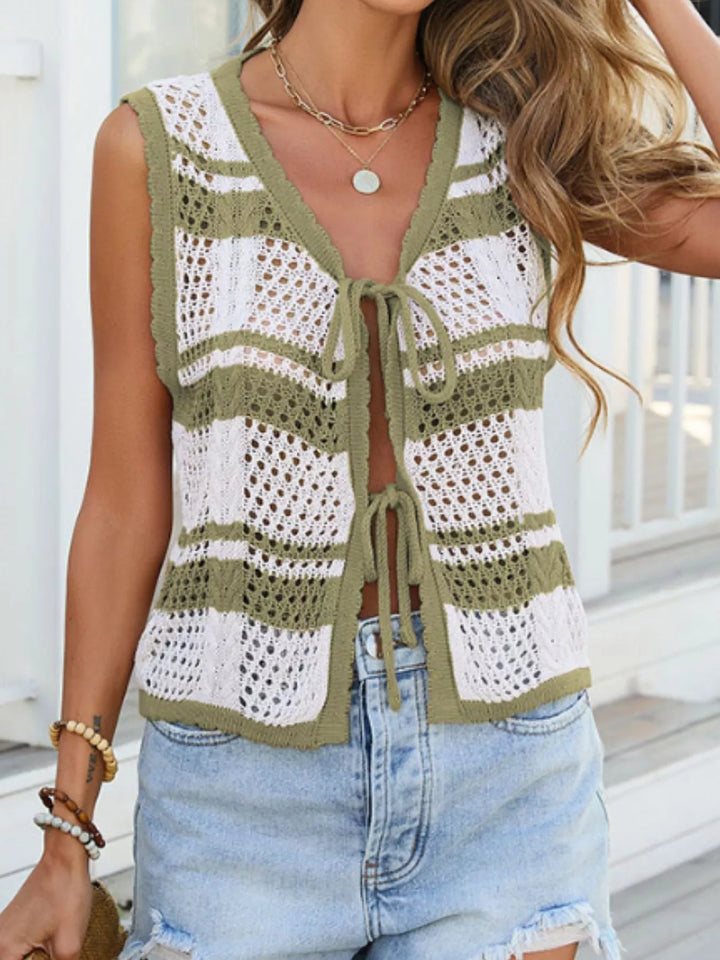 Striped open-knit tie-front sleeveless cardigan