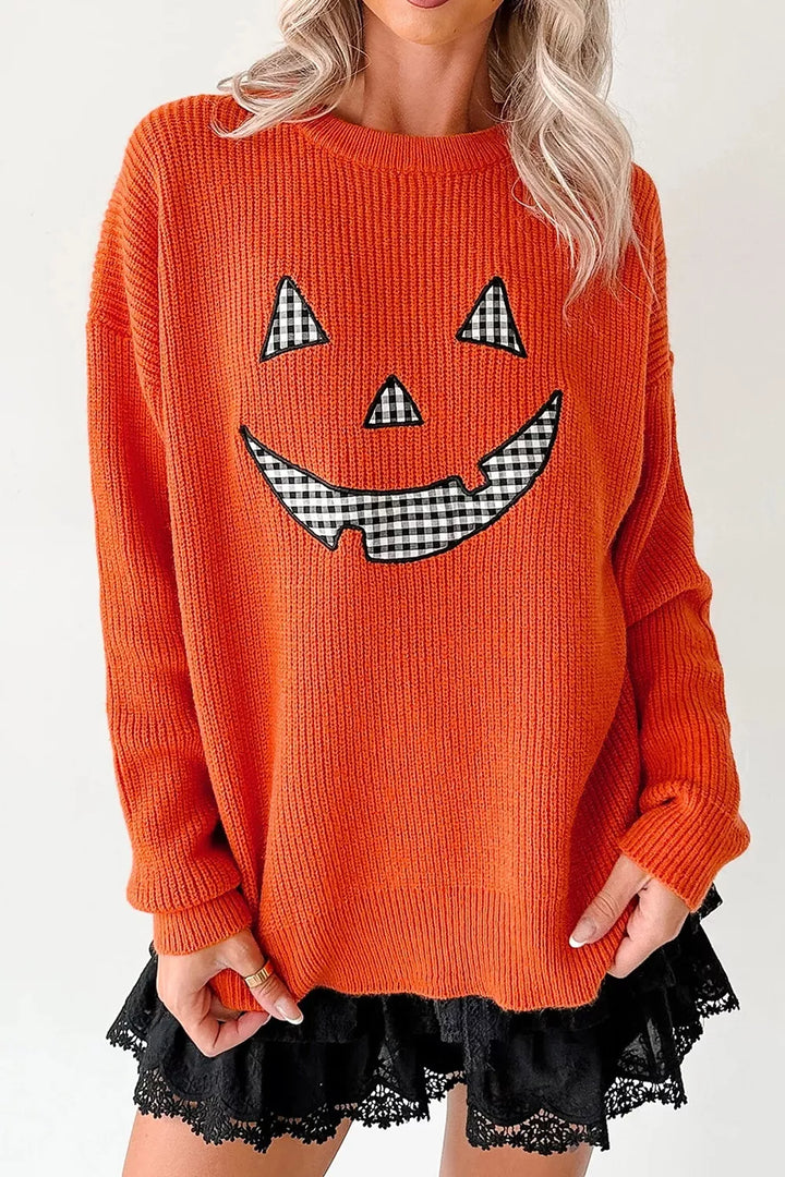 Jack-o-lantern patch drop shoulder Halloween sweater