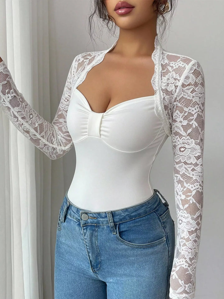 White Sheer floral lace sleeve fitted top with sweetheart neckline