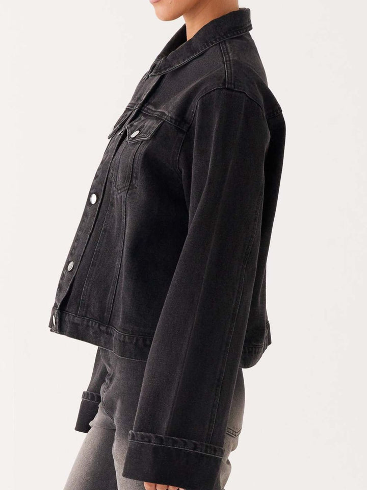 Oversized cropped denim jacket with chest flap pockets