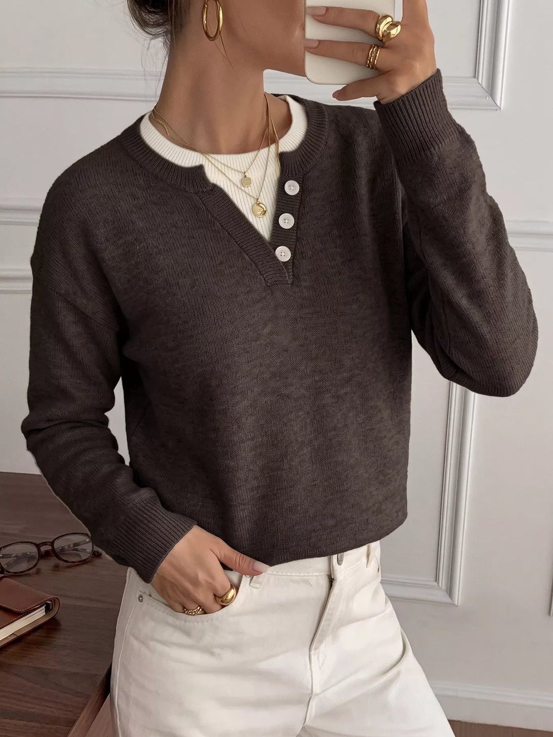 Three-button henley placket knit sweater with ribbed trim