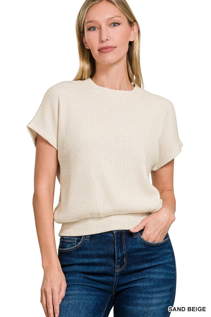 SAND BEIGE Waffle knit short sleeve sweater with banded hem