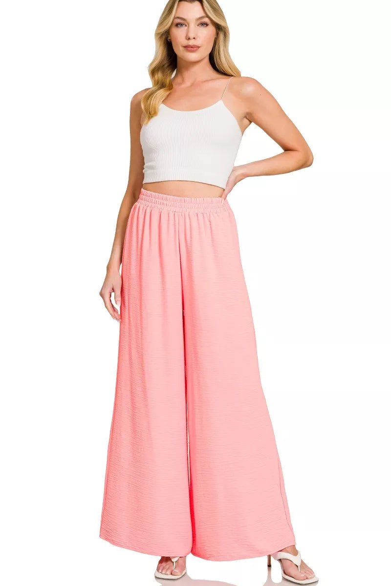 Lightweight woven wide-leg pants with elastic drawstring waist