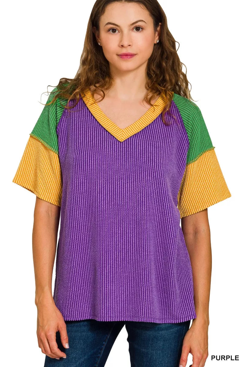 PURPLE Ribbed color block V-neck top with contrast sleeves