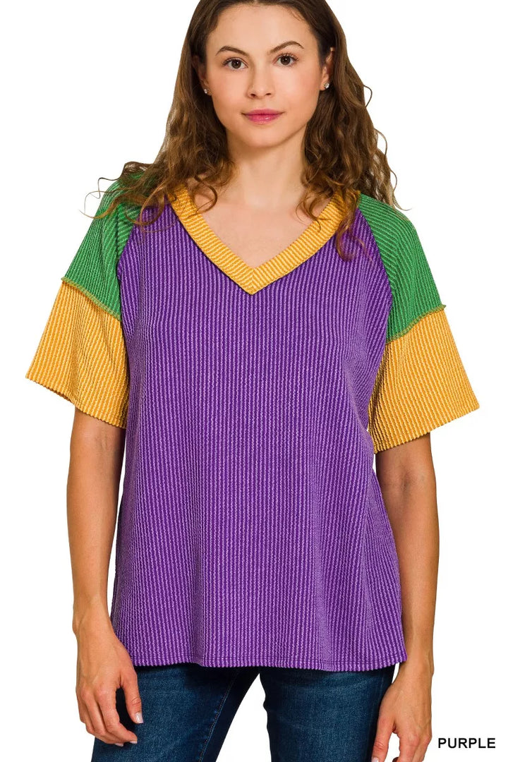 PURPLE Ribbed color block V-neck top with contrast sleeves