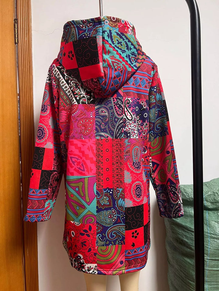 Bohemian patchwork fleece-lined hooded coat