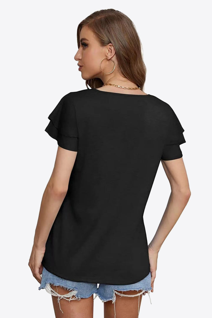Tiered flutter sleeve blouse with split tie neck