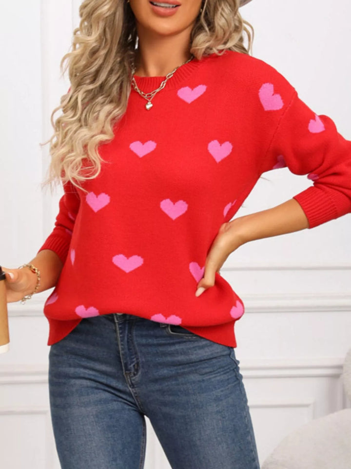 Heart pattern dropped shoulder crew neck sweater