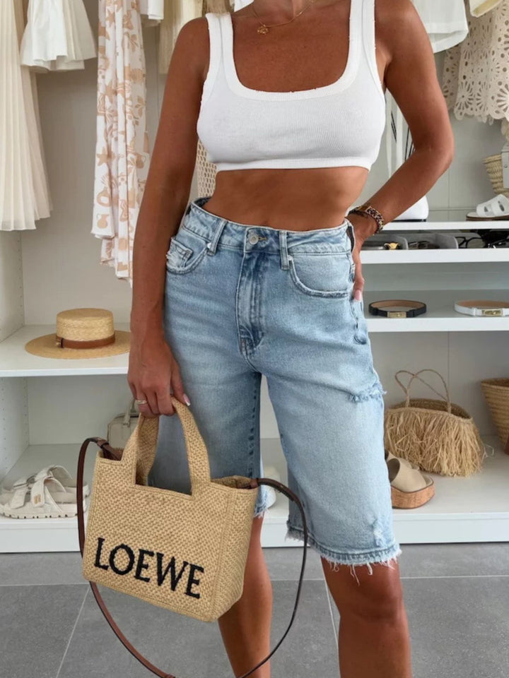 Light Blue Distressed high-rise longline denim shorts with raw hem
