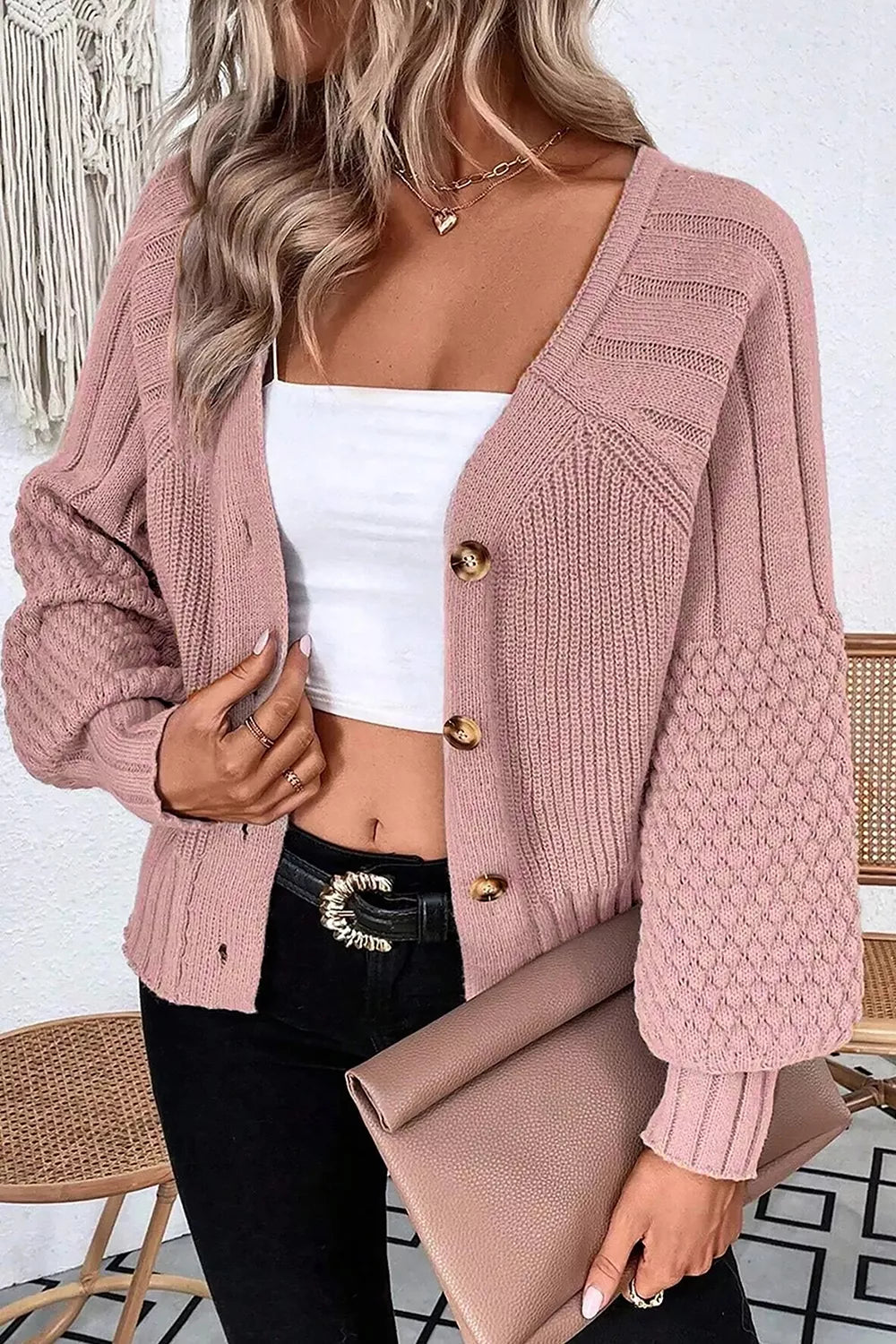 Dusty Pink Textured knit button-front cardigan with drop shoulders