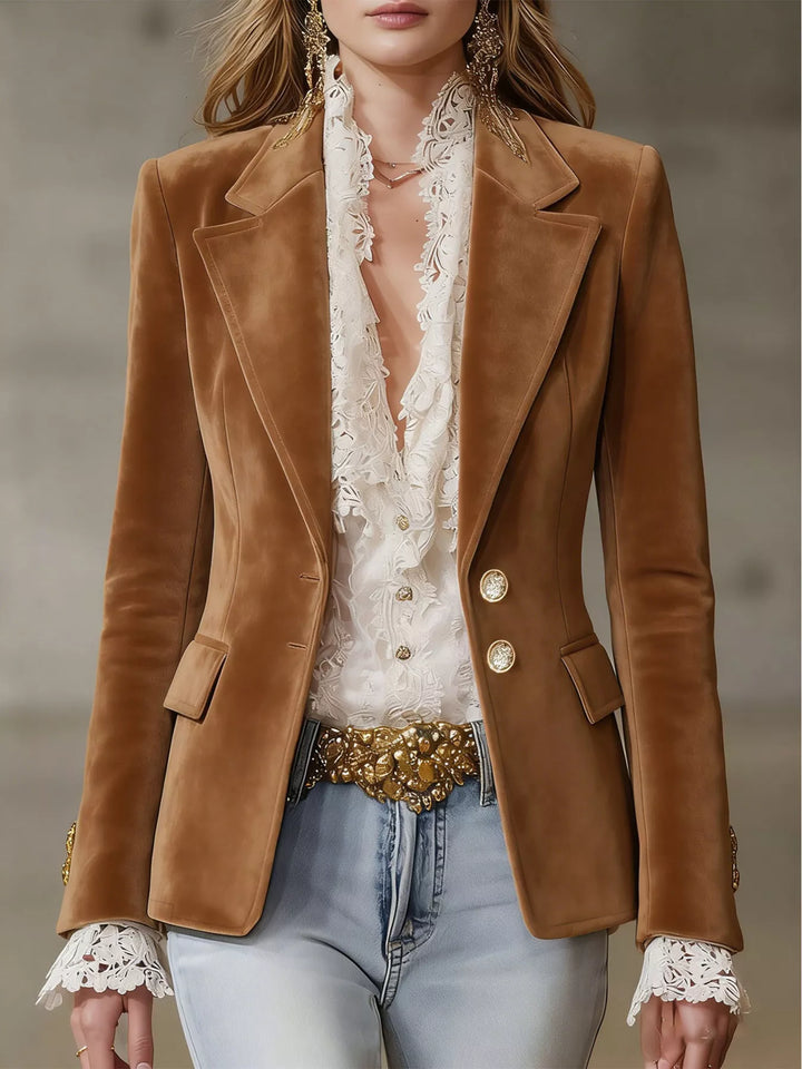 Brown Suede-look notch lapel blazer with gold buttons