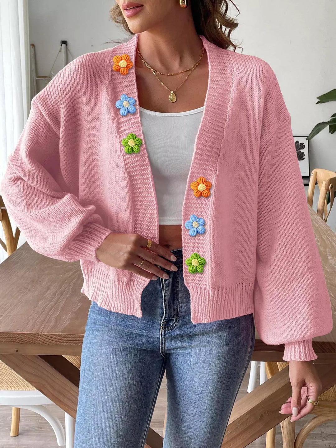 Pink Floral applique open front knit cardigan with ribbed trim