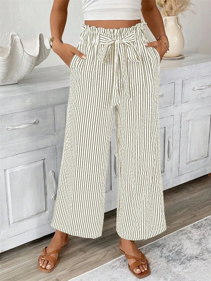Striped wide-leg paper bag pants with tie belt