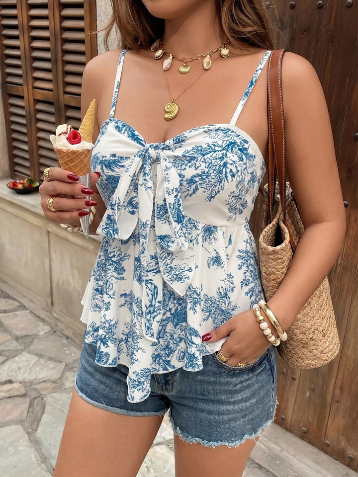 Floral print tie-front cami with ruffle hem
